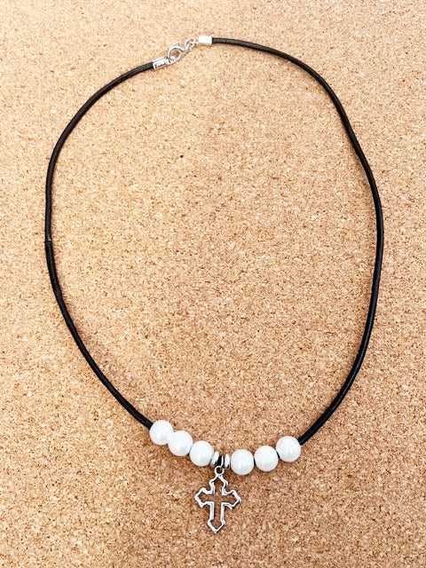Medieval Inspired Cross Beaded Pearl Necklace