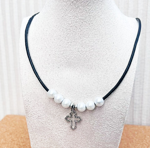 Medieval Inspired Cross Beaded Pearl Necklace