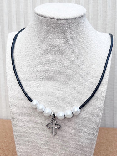 Medieval Inspired Cross Beaded Pearl Necklace